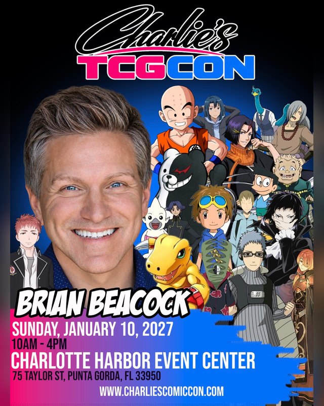 Flyer for Charlie's TCG Con, Sunday January 10, 2027, 10AM-4PM at Charlotte Harbor Event Center, with guest Brian Beacock.