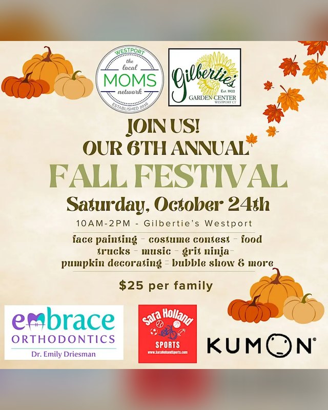 Flyer for the 6th Annual Westportmoms Fall Festival, Saturday October 24th at Gilbertie's Westport, 10AM-2PM.