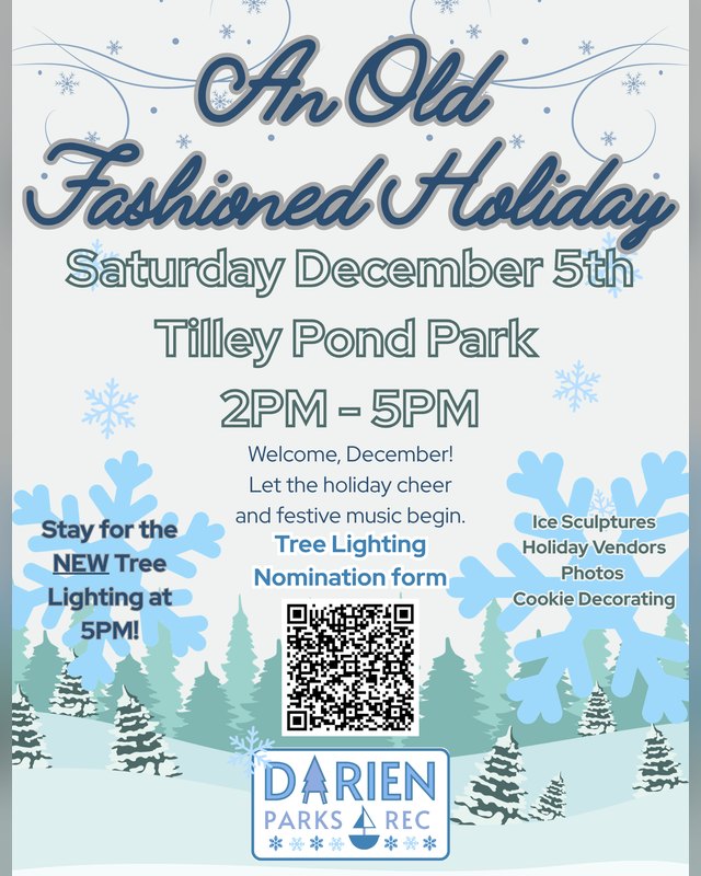 Flyer for An Old Fashioned Holiday, Saturday December 5th at Tilley Pond Park, 2PM to 5PM.
