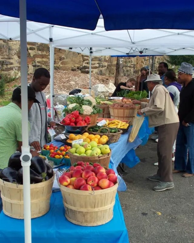 Market stall with baskets of peppers and produce and shoppers gathered under a blue canopy at Bissel Gardens.