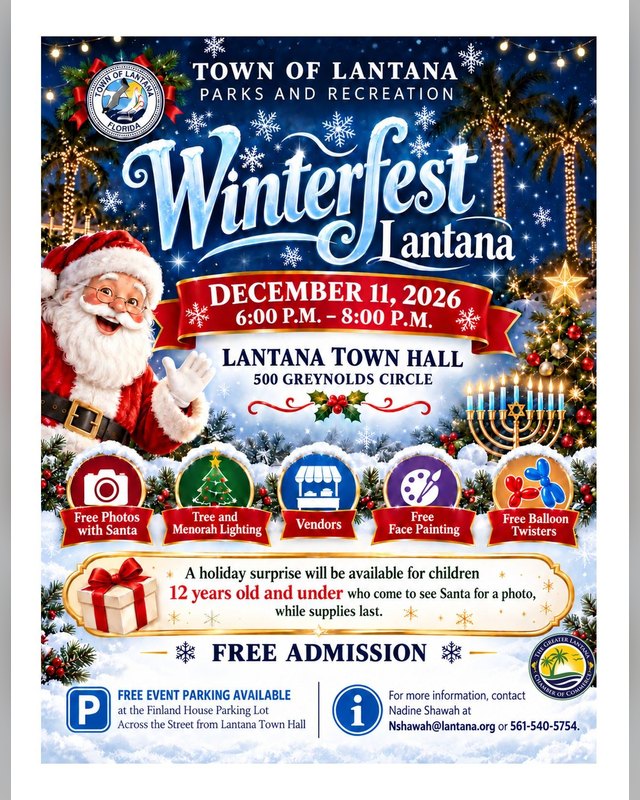 Flyer for Winterfest Lantana, December 11, 2026, 6:00 to 8:00 PM at Lantana Town Hall.