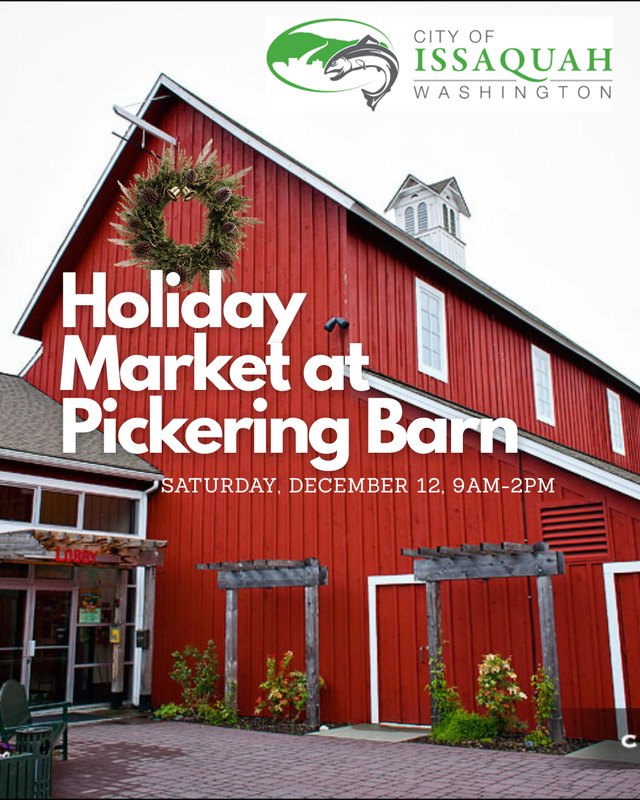 Flyer for Holiday Market at Pickering Barn, Saturday December 12, 9AM-2PM, over a photo of a red barn with a wreath.