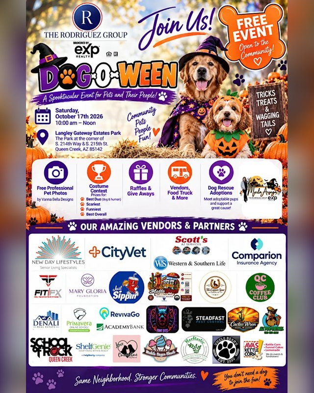 Flyer for Dog-O-Ween, Saturday October 17 2026, 10 AM to noon at Langley Gateway Estates Park, Queen Creek.