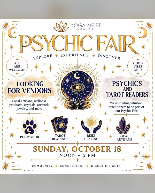 Flyer for the Psychic Fair at Yoga Nest Venice, looking for vendors, Sunday, October 18, noon to 5 PM.