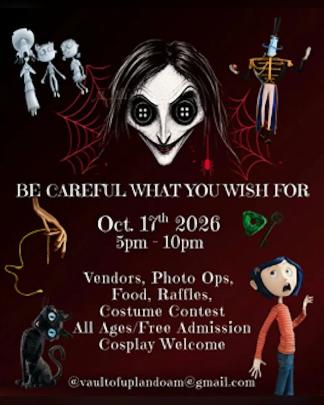 Flyer for Be Careful What You Wish For, October 17 2026, 5pm to 10pm, with vendors, food, raffles and costume contest.