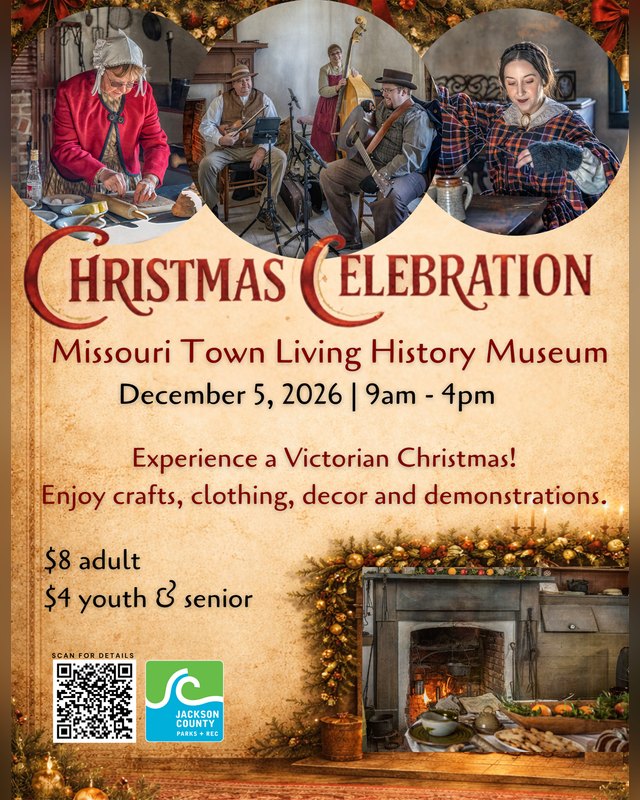 Flyer for A Christmas Celebration at Missouri Town Living History Museum, December 5, 2026.
