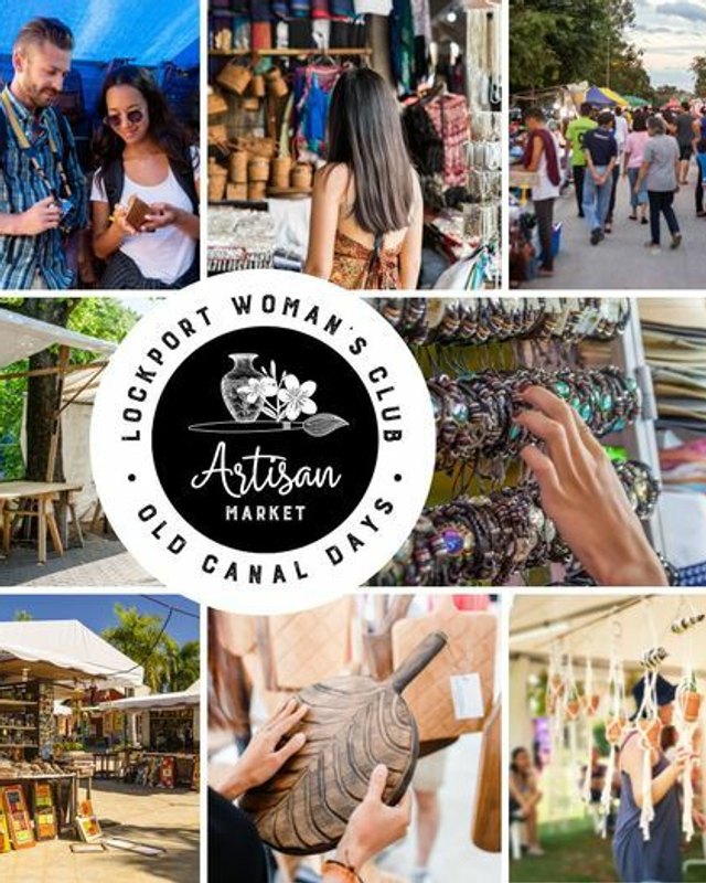 Collage of Artisan Market shoppers, booths and vendor goods with the Lockport Woman's Club logo