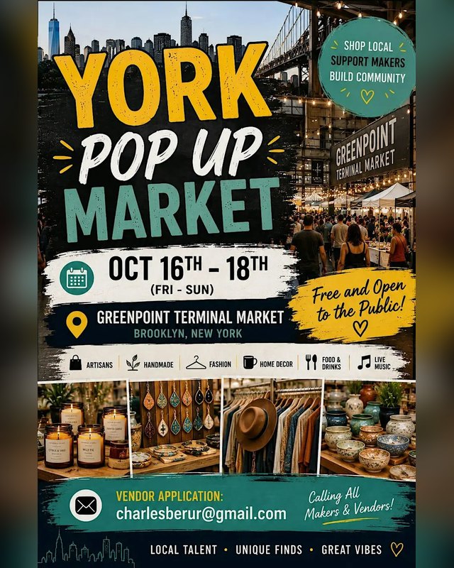 Flyer for New York Pop Up Market, Oct 16-18, Greenpoint Terminal Market, with vendor photos and Free and Open to the Public text.