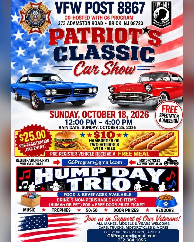 Flyer for VFW Post 8867 Patriot's Classic Car Show, Sunday October 18, 2026, 12:00 to 4:00 PM, Brick NJ.