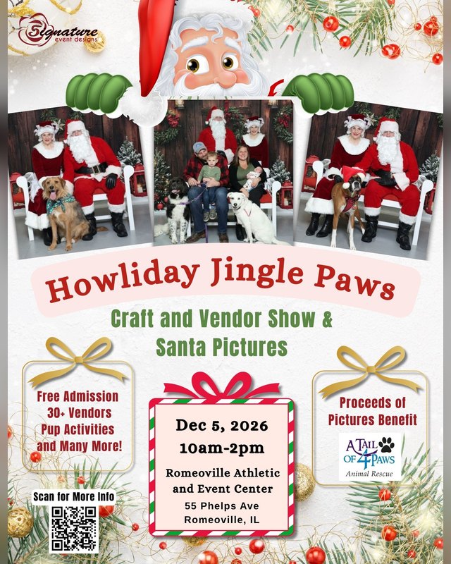 Flyer for Howliday Jingle Paws Craft and Vendor Show and Santa Pictures, December 5, 2026, 10am-2pm, Romeoville Athletic and Event Center.