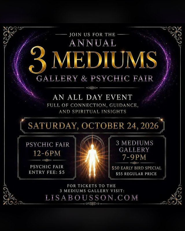 Flyer for 3 Mediums Gallery & Psychic Fair, Saturday, October 24, 2026.