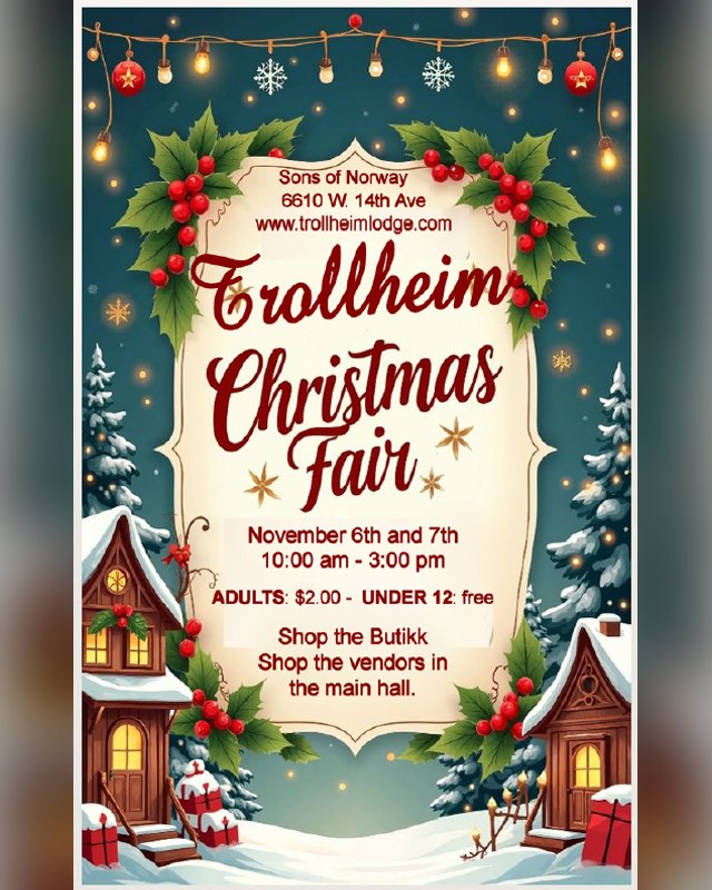 Flyer for Trollheim Christmas Fair, November 6th and 7th, with shop the butikk and vendors in the main hall.