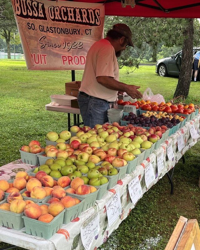Vendor at a Bussa Orchards fruit stand serving a shopper, with baskets of peaches and apples under a red tent.