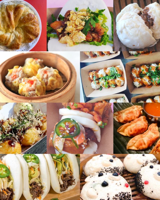 Collage of bao buns, dumplings, and small plates of festival food.