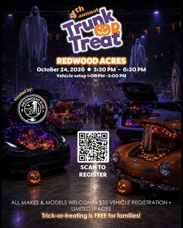Flyer for the 4th Annual Trunk-or-Treat at Redwood Acres, October 24, 2026, 3:30 to 6:30 PM