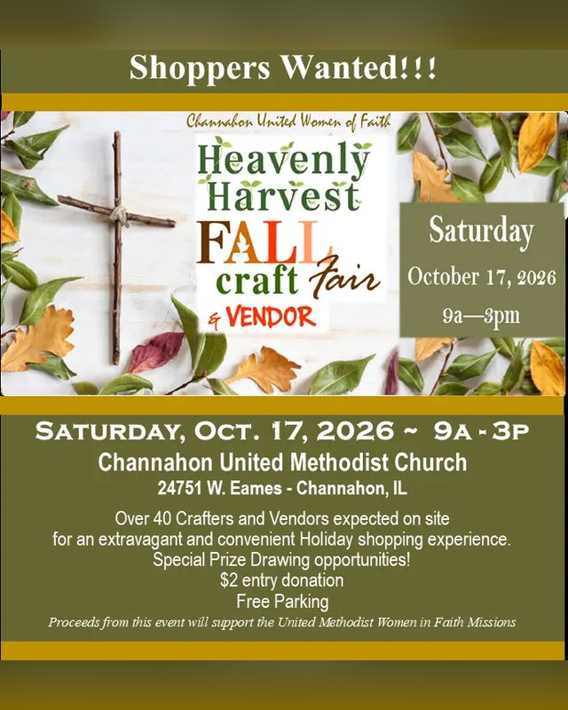 Flyer for Heavenly Harvest Fall Craft & Vendor Fair, Saturday October 17, 2026, 9a-3p at Channahon United Methodist Church.