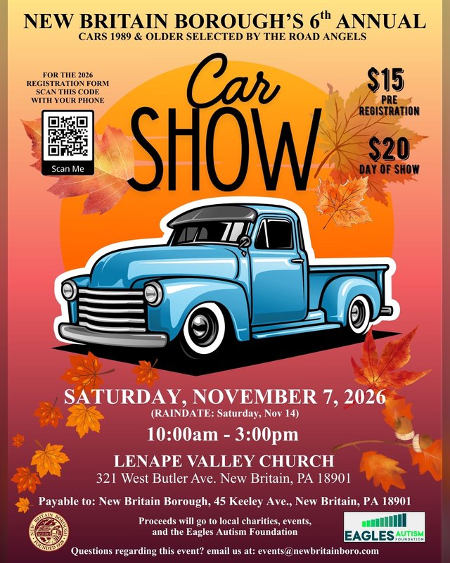 Flyer for New Britain Borough's 6th Annual Car Show, Saturday November 7, 2026 at Lenape Valley Church.