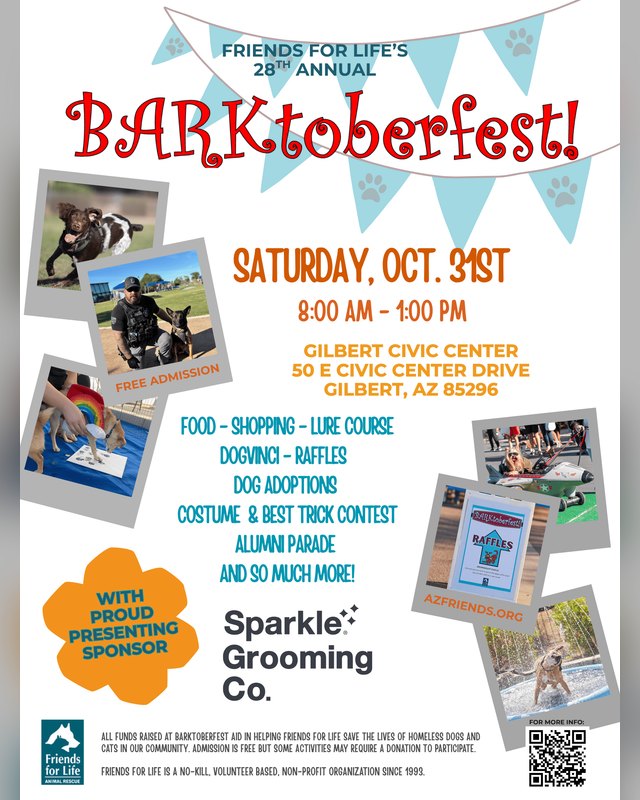 Flyer for the 28th Annual BARKtoberfest at Gilbert Civic Center on Saturday, Oct. 31st.