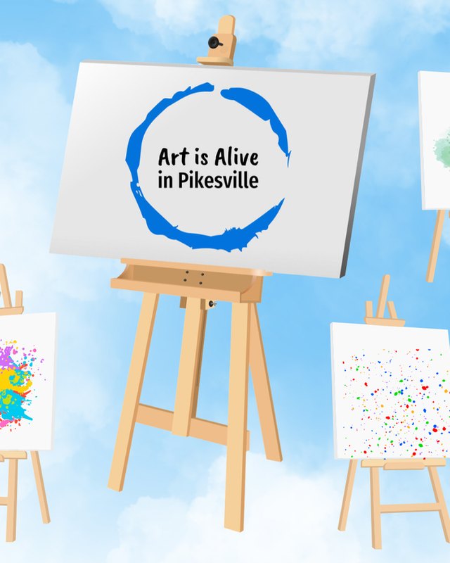 Easels with paint splashes and the Art is Alive in Pikesville logo on a sky-blue background