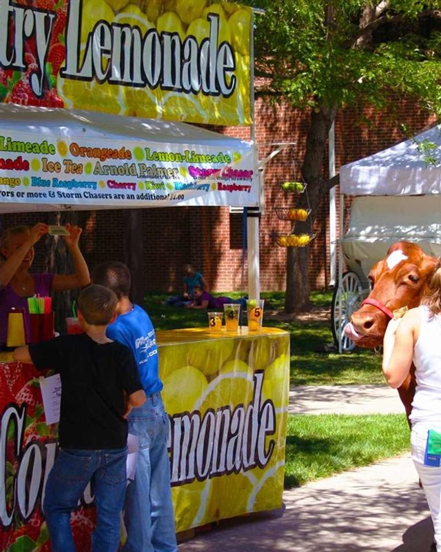 Lemonade stand booth with shoppers and a cow at the Weld County Fair vendors area