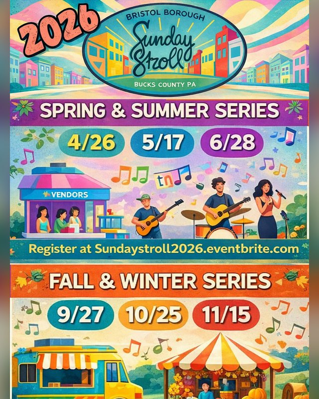 Flyer for Bristol Borough Sunday Stroll 2026 listing spring, summer, fall and winter series dates including October 25.