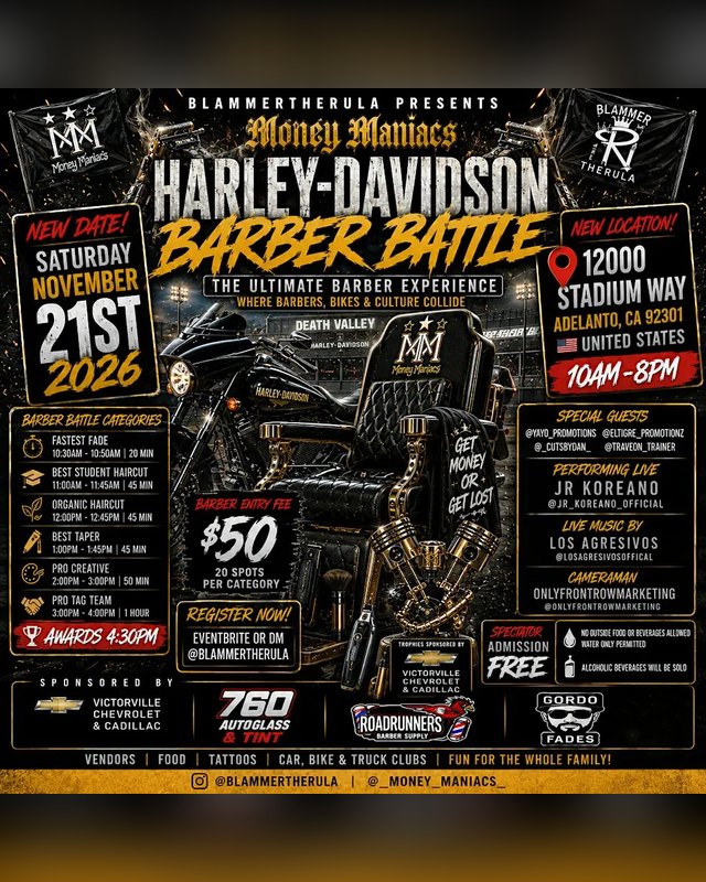 Flyer for Harley Davidson Barber Battle, Saturday November 21 2026, 10AM-8PM at 12000 Stadium Way, Adelanto, CA.