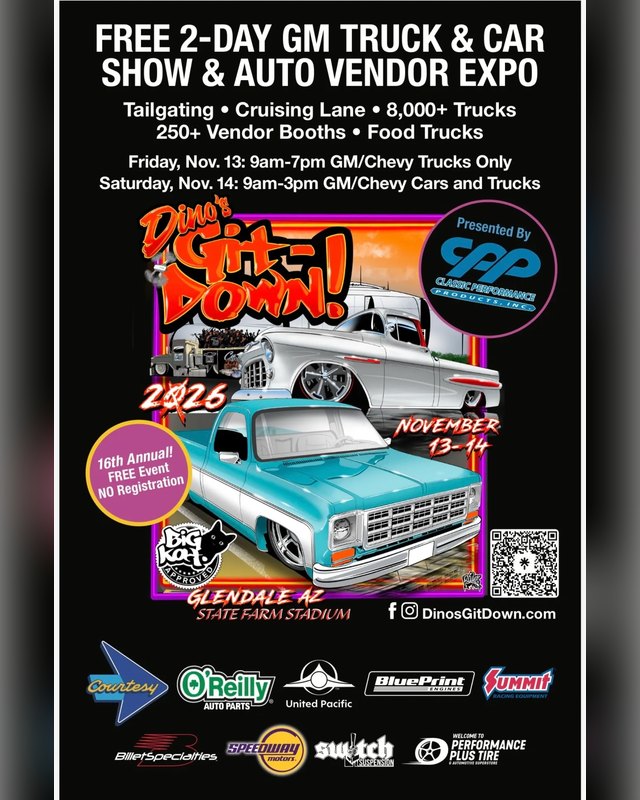 Flyer for Dino's Git-Down 2026, free 2-day GM truck and car show, November 13-14 at State Farm Stadium, Glendale.