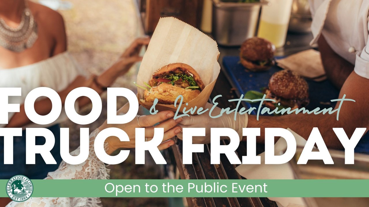Food Truck Friday banner showing a hand holding a burger in paper wrap, with the text 'Open to the Public Event', from the event's official page.