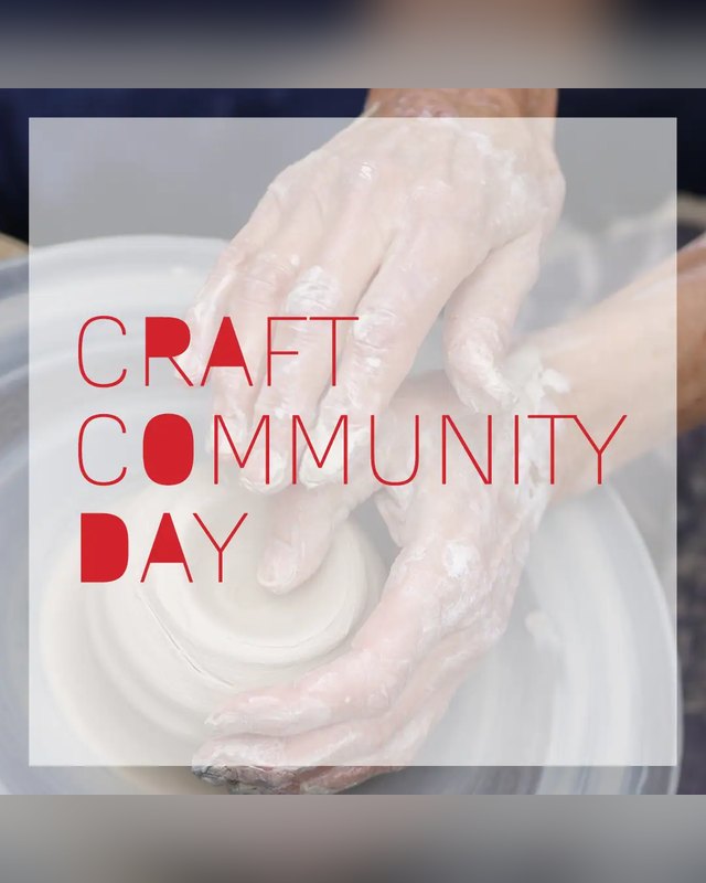 Hands shaping clay on a pottery wheel beside the title Craft Community Day.