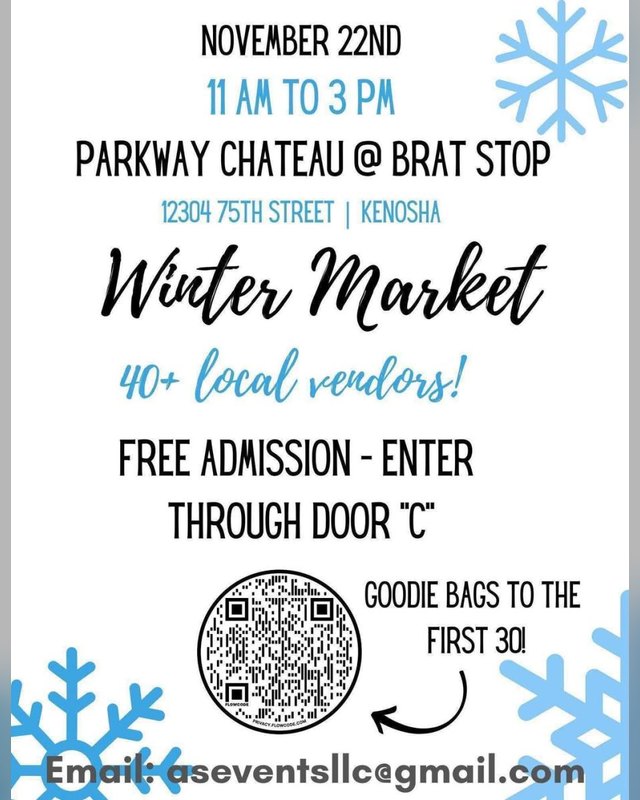Flyer for Winter Market on November 22nd, 11 AM to 3 PM at Parkway Chateau, with 40+ local vendors and free admission.