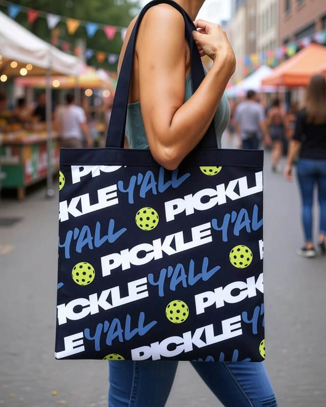 Tote bag printed with PickleY'all pattern held at a street market with tents and shoppers behind