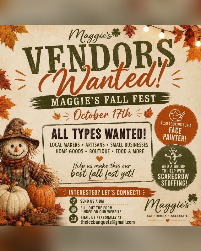 Vendors Wanted flyer for Maggie's Fall Fest, October 17th, with a scarecrow and pumpkins.