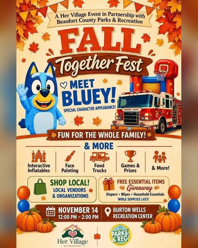 Flyer for Fall Together Fest with Bluey, a fire truck, and a November 14 noon to 2 PM schedule at Burton Wells Recreation Center.