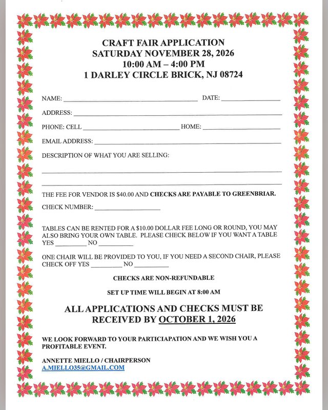 Flyer for Greenbriar One Craft Fair, Saturday November 28, 2026, 10 AM to 4 PM, with vendor application details.