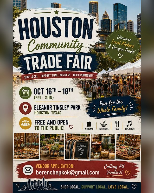 Flyer for Houston Community Trade Fair, Oct 16-18 at Eleanor Tinsley Park, with vendor booth photos.