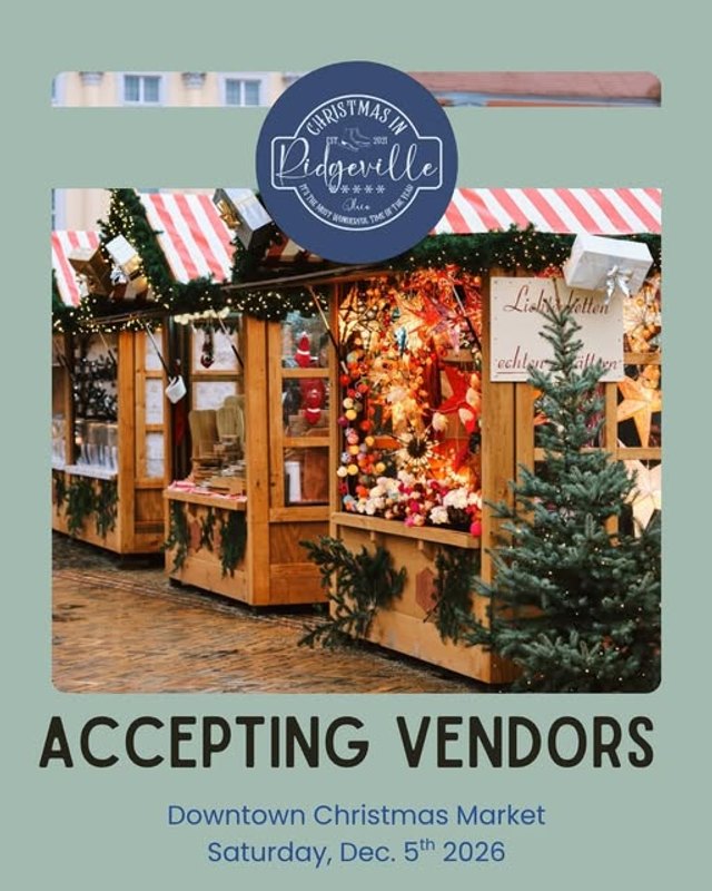 Flyer for Christmas in Ridgeville's Downtown Christmas Market on Saturday, Dec. 5, 2026, with a booth photo and accepting vendors text.