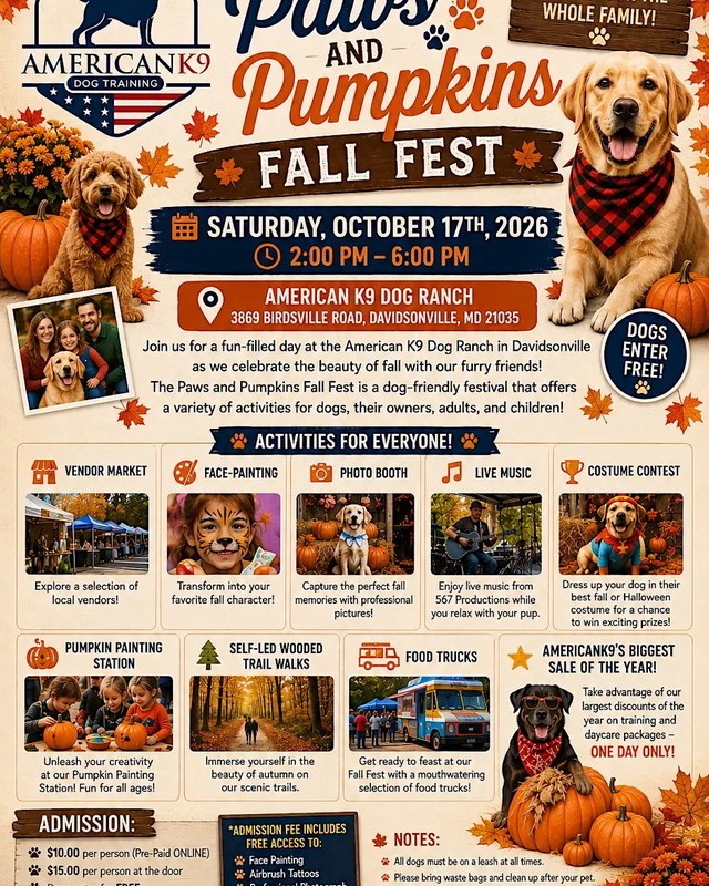 Image for AmericanK9's 3rd Annual Paws and Pumpkins Fall Fest!