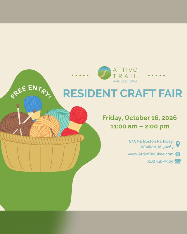 Flyer for Resident Craft Fair, Friday October 16, 2026, 11 am to 2 pm at Attivo Trail Waukee, with a yarn basket illustration.