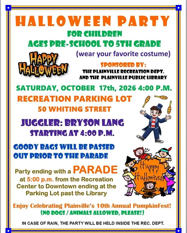 Flyer for a children's Halloween party during Plainville PumpkinFest on Saturday, October 17, 2026.
