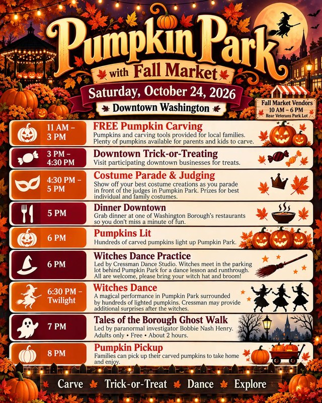Flyer for Pumpkin Park with Fall Market, Saturday October 24, 2026, Downtown Washington