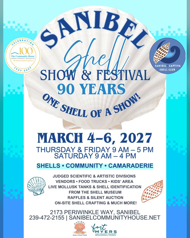Flyer for the 90th Sanibel Shell Show & Festival, March 4-6, 2027, at the Sanibel Community House.