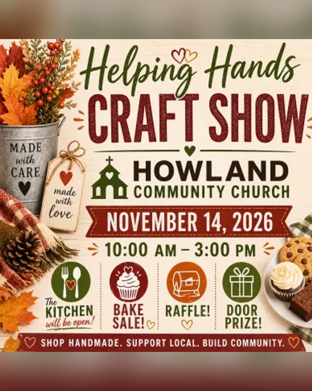 Flyer for Helping Hands Craft Show at Howland Community Church, November 14, 2026.