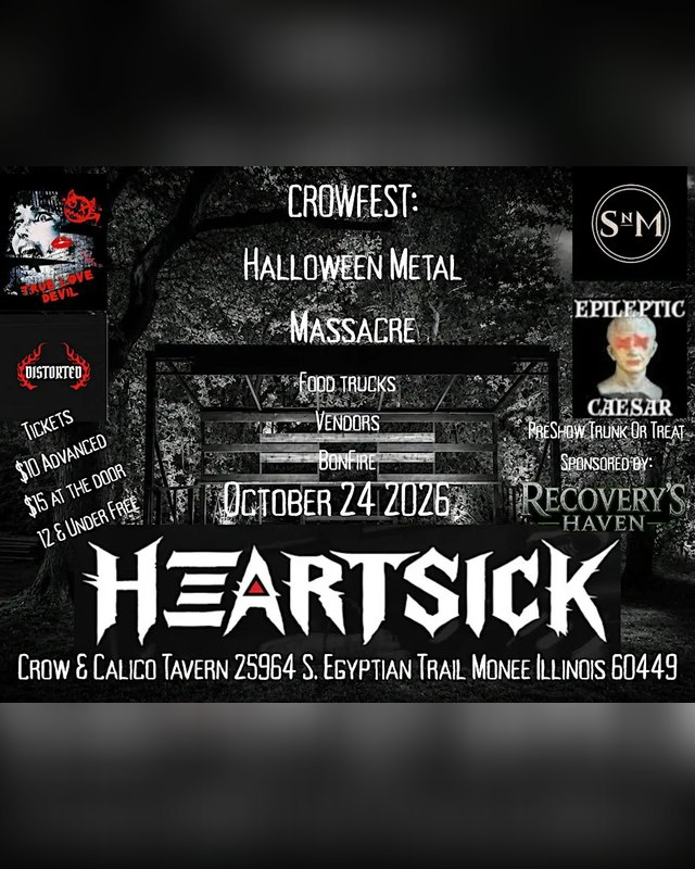 Flyer for Crowfest Halloween Metal Massacre showing October 24 2026 at Crow and Calico Tavern in Monee.