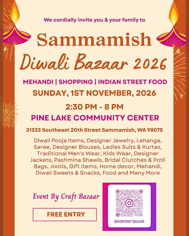 Flyer for Sammamish Diwali Bazaar 2026, Sunday November 1, 2:30 PM to 8 PM at Pine Lake Community Center.