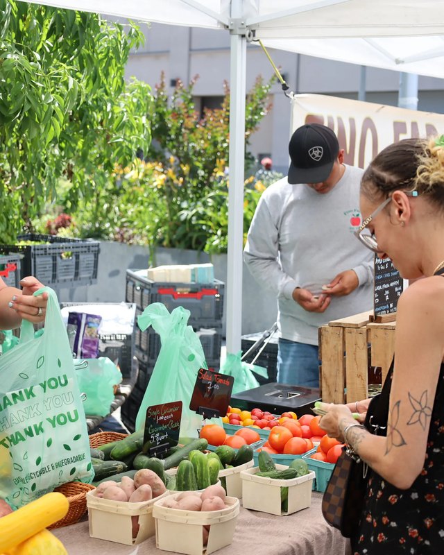 Vendors bagging produce at a stand at the Fordham Plaza farmers market.