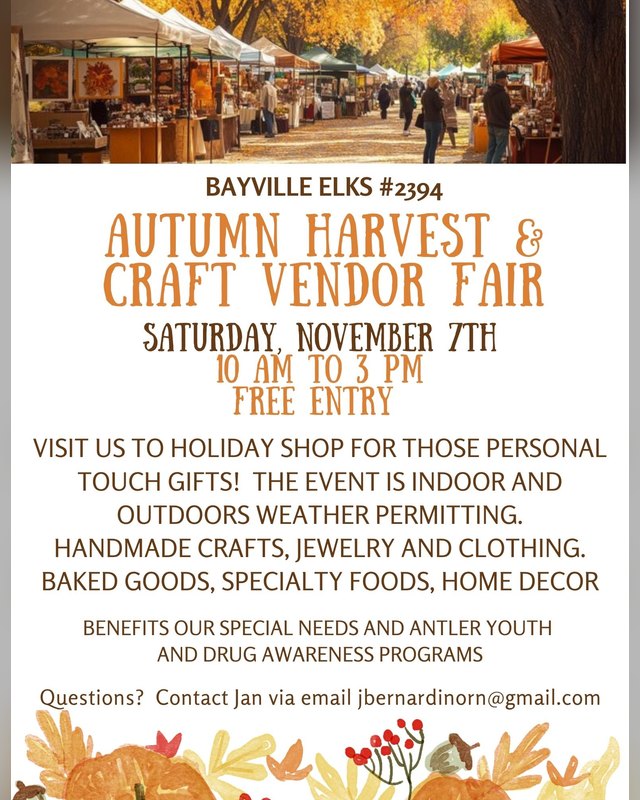 Flyer for Autumn Harvest & Craft Vendor Fair, Saturday November 7th, 10 AM to 3 PM at Bayville Elks #2394.