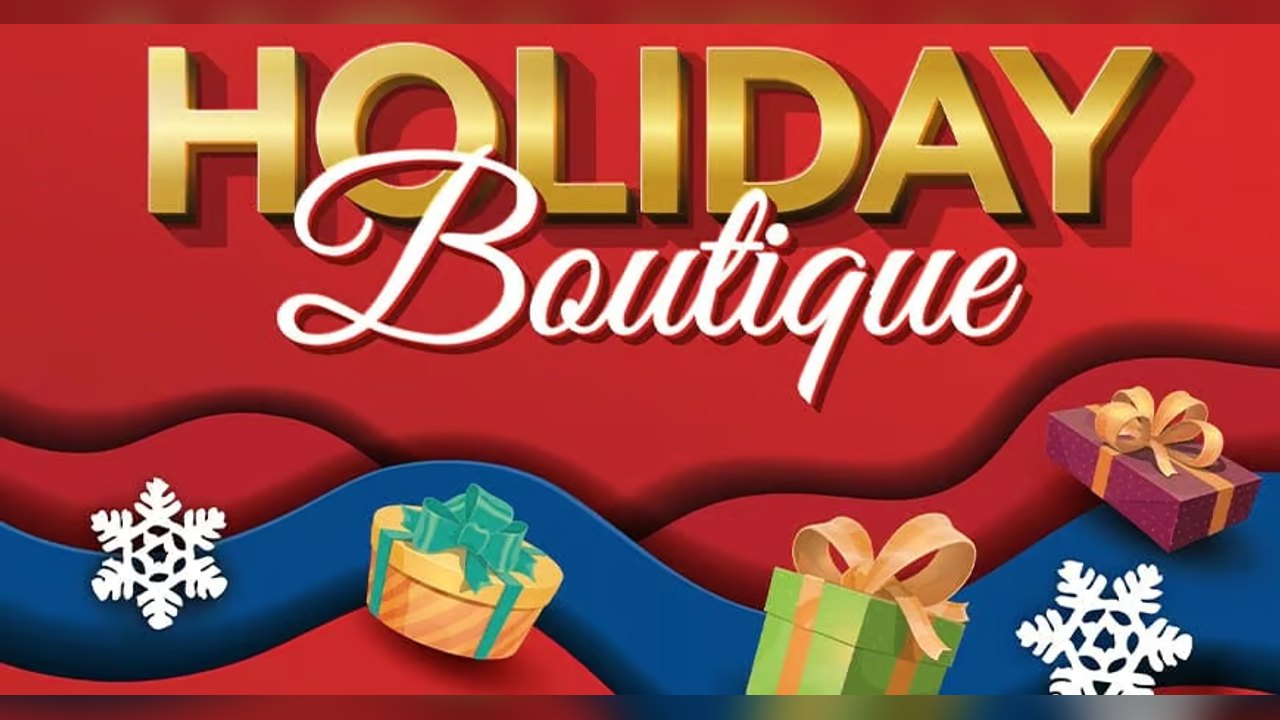Holiday Boutique title art with gold and script lettering over red and blue ribbons and gift boxes.