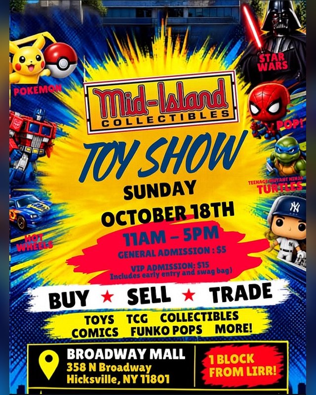 Flyer for Mid Island Toy Show on Sunday October 18th at Broadway Mall, Hicksville, with buy, sell, trade details.
