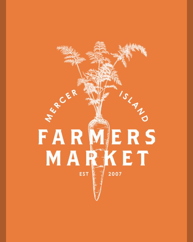Orange Mercer Island Farmers Market poster with a white carrot illustration and the event name.