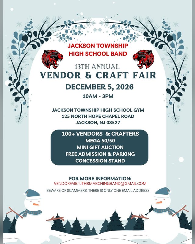 Flyer for Jackson Township High School Band 13th Annual Vendor & Craft Fair, December 5, 2026, 10 AM to 3 PM.